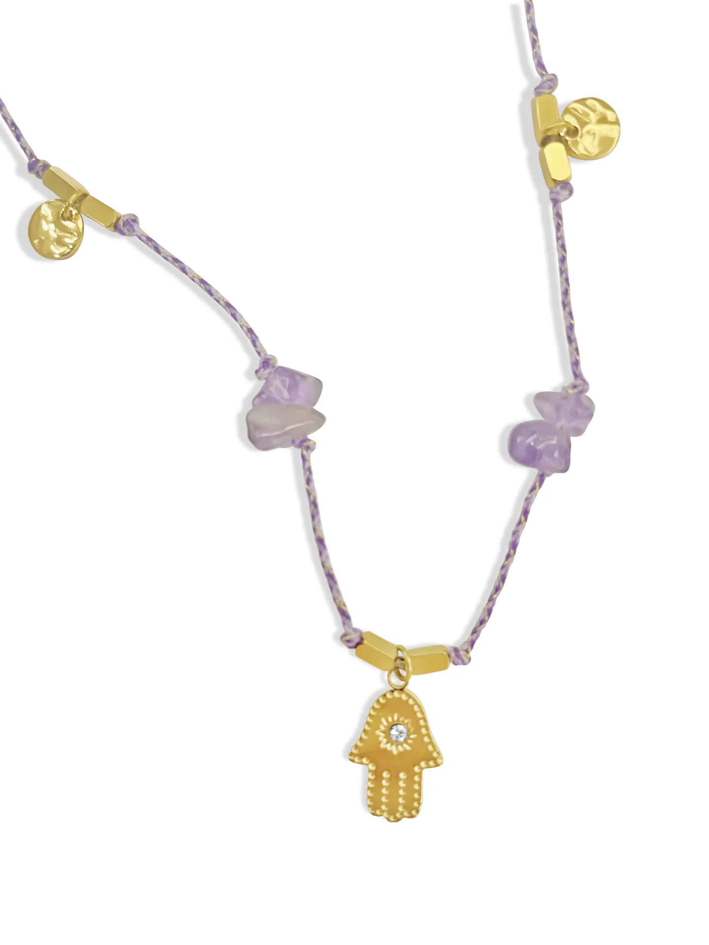 Κολιέ γυναικείο, από ανοξείδωτο ατσάλι, χειροποίητο, με αμέθυστους ,βαμβακερό κορδόνι, χεράκι φατμά & κίτρινο επιχρύσωμα, 42εκατοστά μήκος συν αλυσίδα επέκτασης 5 εκατοστά, silverline, 0330342701