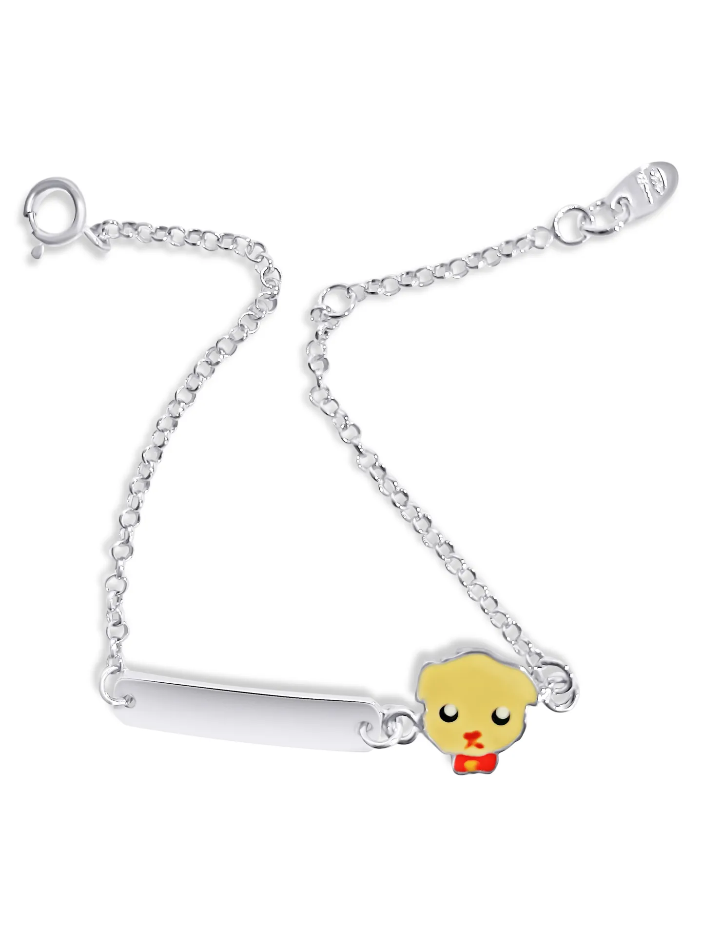 Βραχιόλι, παιδικό, ταυτότητα, για αγοράκια, ασημένιο, με σμάλτο διπλής όψης, 14 εκατοστά μήκος συν 2,3 εκατοστά αλυσίδα επέκτασης, με φατσούλα woofie, & άσπρο επιπλατίνωμα ή κίτρινο επιχρύσωμα, woofie, 0230406302