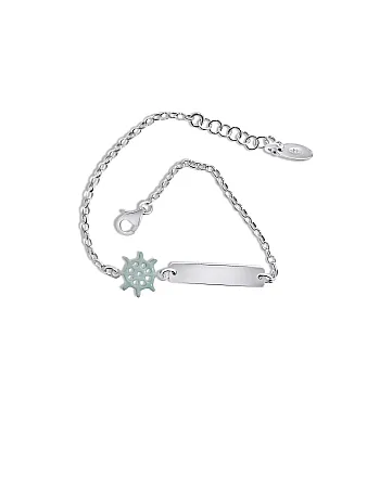 Βραχιόλι, ασημένιο, παιδικό, ταυτότητα , για αγόρια, με σμάλτο διπλής όψης, τιμόνι καραβιού  &  άσπρο επιπλατίνωμα, 16 εκατοστά μήκος +αλυσίδα επέκτασης 2,3 εκατοστά επιπλέον,woofie, 0230418901,