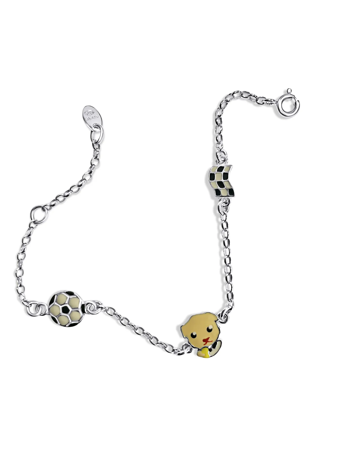 Βραχιόλι, ασημένιο 925, παιδικό, για αγόρια, με σμάλτο διπλής όψης , μπάλα ποδοσφαίρου, διαιτητή, σημαία,  άσπρο επιπλατίνωμα ή κίτρινο επιχρύσωμα, 16 εκατοστά μήκος +αλυσίδα επέκτασης 2 εκατοστά επιπλέον ,woofie, 0230407302,