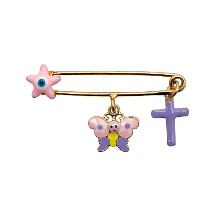 Παραμάνα, καρφίτσα ασημένια με σμάλτο για νεογέννητα μωρά, με κίτρινο επιχρύσωμα, φυλαχτό, γούρι, για κοριτσάκι, με σταυρό, μάτι βασκανίας & πεταλούδα, για κορίτσια, woofie, 0730142202