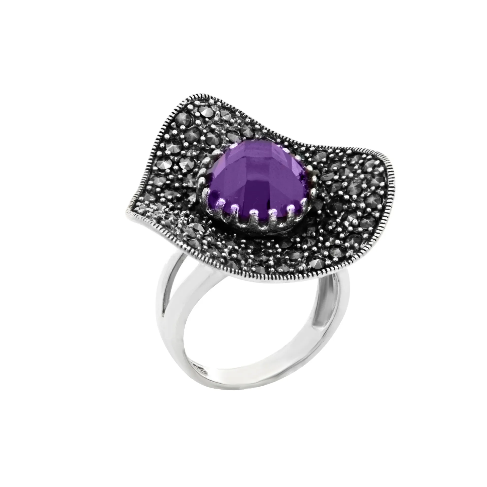 Δαχτυλίδι, ασημένιο, γυναικείο, με μαρκασίτες & ζιργκόν, οξειδωμένο, αντικέ, silverline, 0430608002