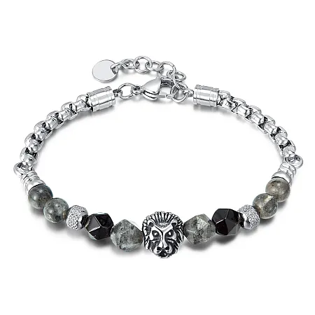Ανδρικό βραχιόλι από ανοξείδωτο ατσάλι με  λαμπραδορίτη & λιοντάρι, 19 +2,5 εκατοστά, 0230450301, TRIBUTE,