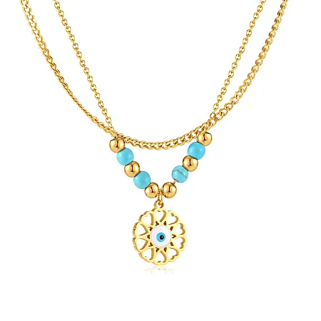 Γυναικείο κολιέ layering με μάτι βασκανίας από ανοξείδωτο ατσάλι επίχρυσο με τυρκουάζ, 45+5 εκατοστά, silverline, 0330344401